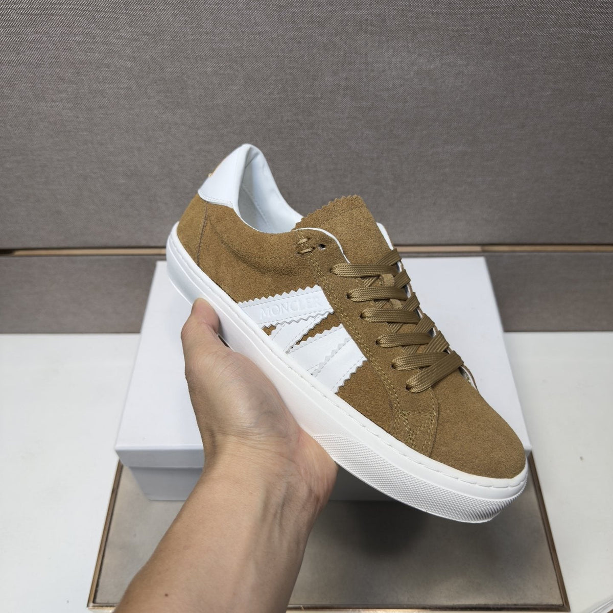 Moncler Tan and White Striped Low-Top Sneakers — model