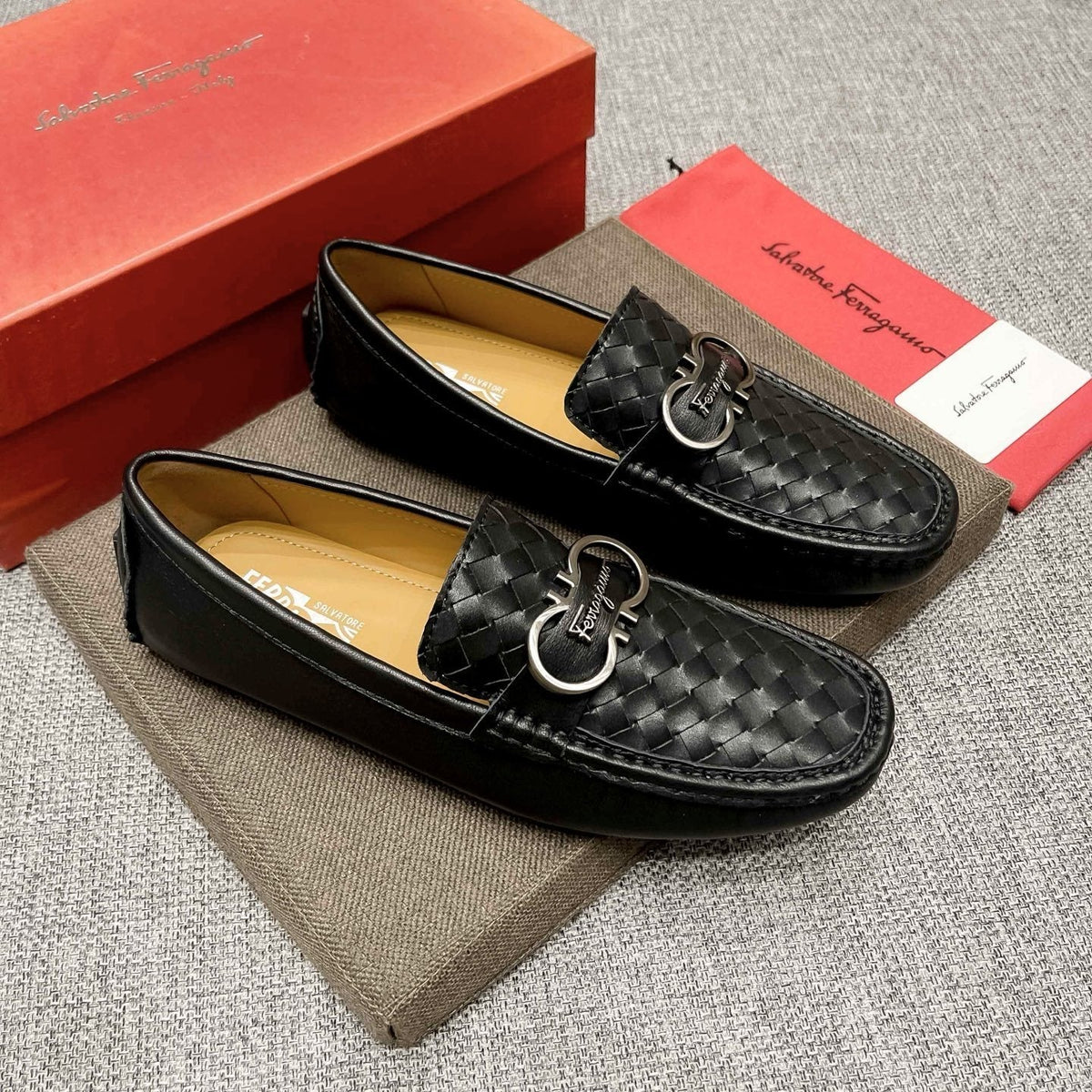 Ferragamo Black Woven Driving Loafers — front