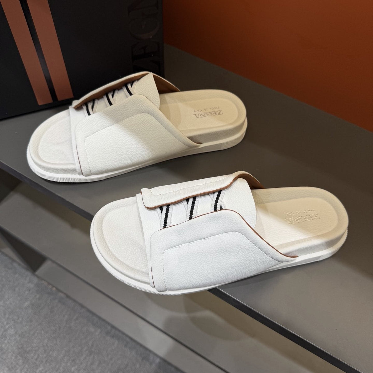 ZEGNA White Striped Slide Sandals — front