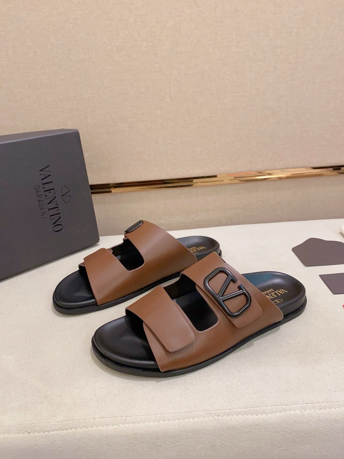 Valentino Two-Strap Buckle Slide Sandals — front