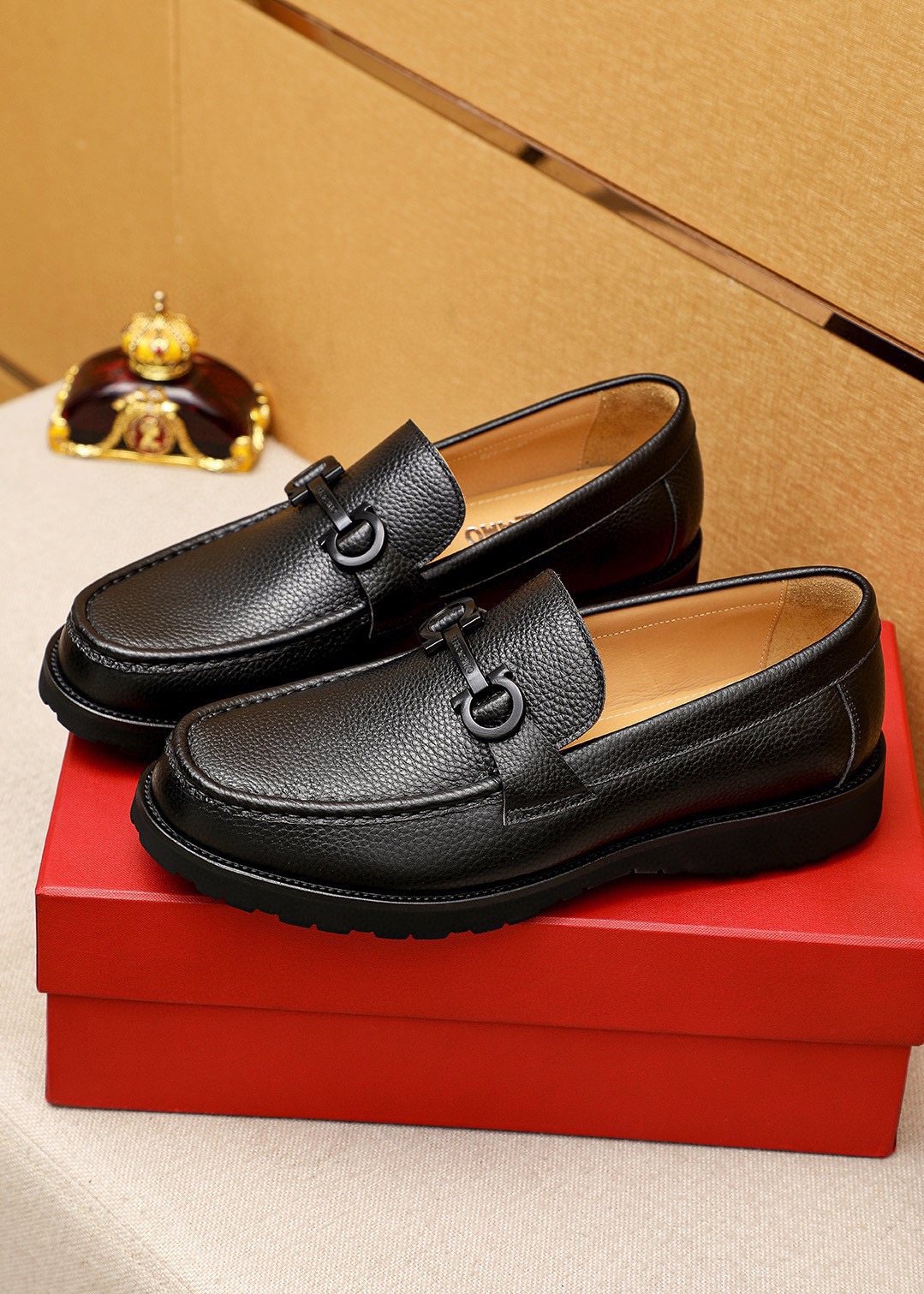 Ferragamo Pebble-Grain Buckle Slip-On Shoes — model
