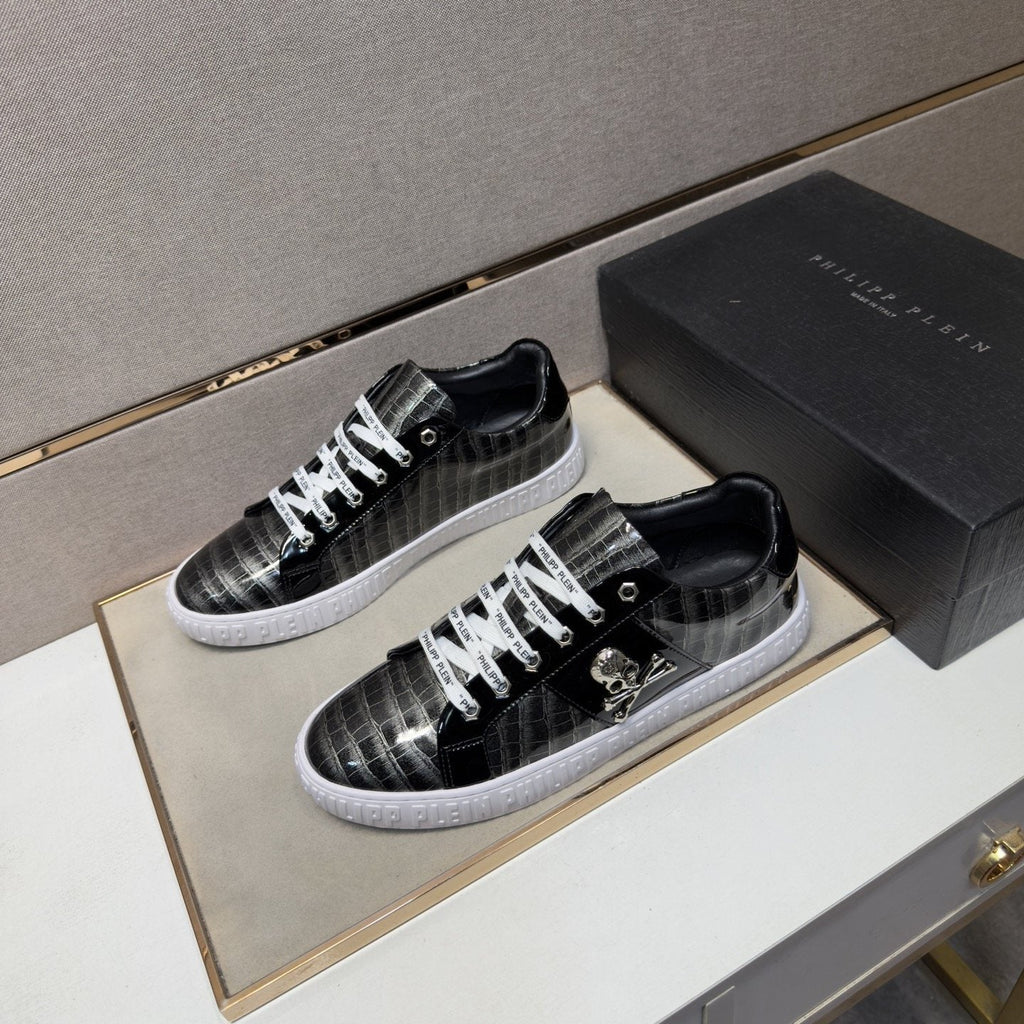 Philipp Plein Black and Gray Plaid Low-Top Sneakers — front