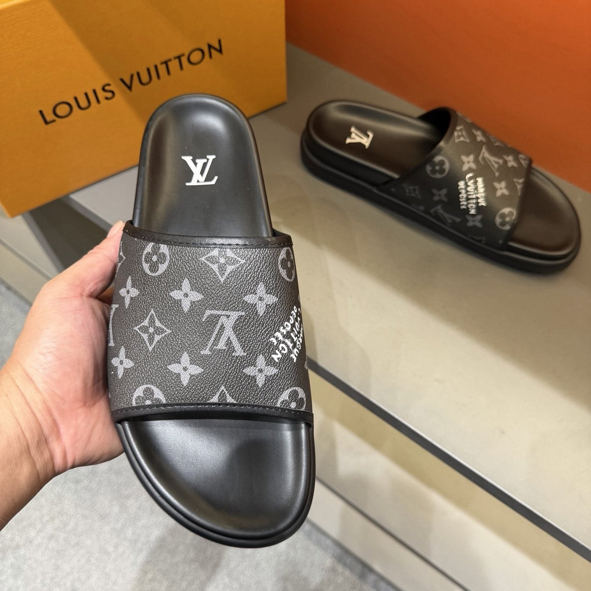 Louis Vuitton Monogram Slide Sandals — model