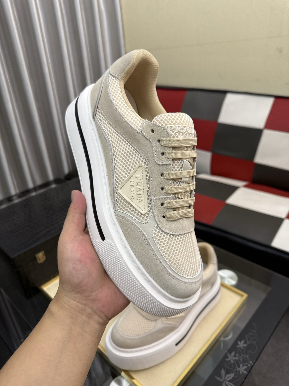 Prada White and Light Gray Low-Top Sneakers — side