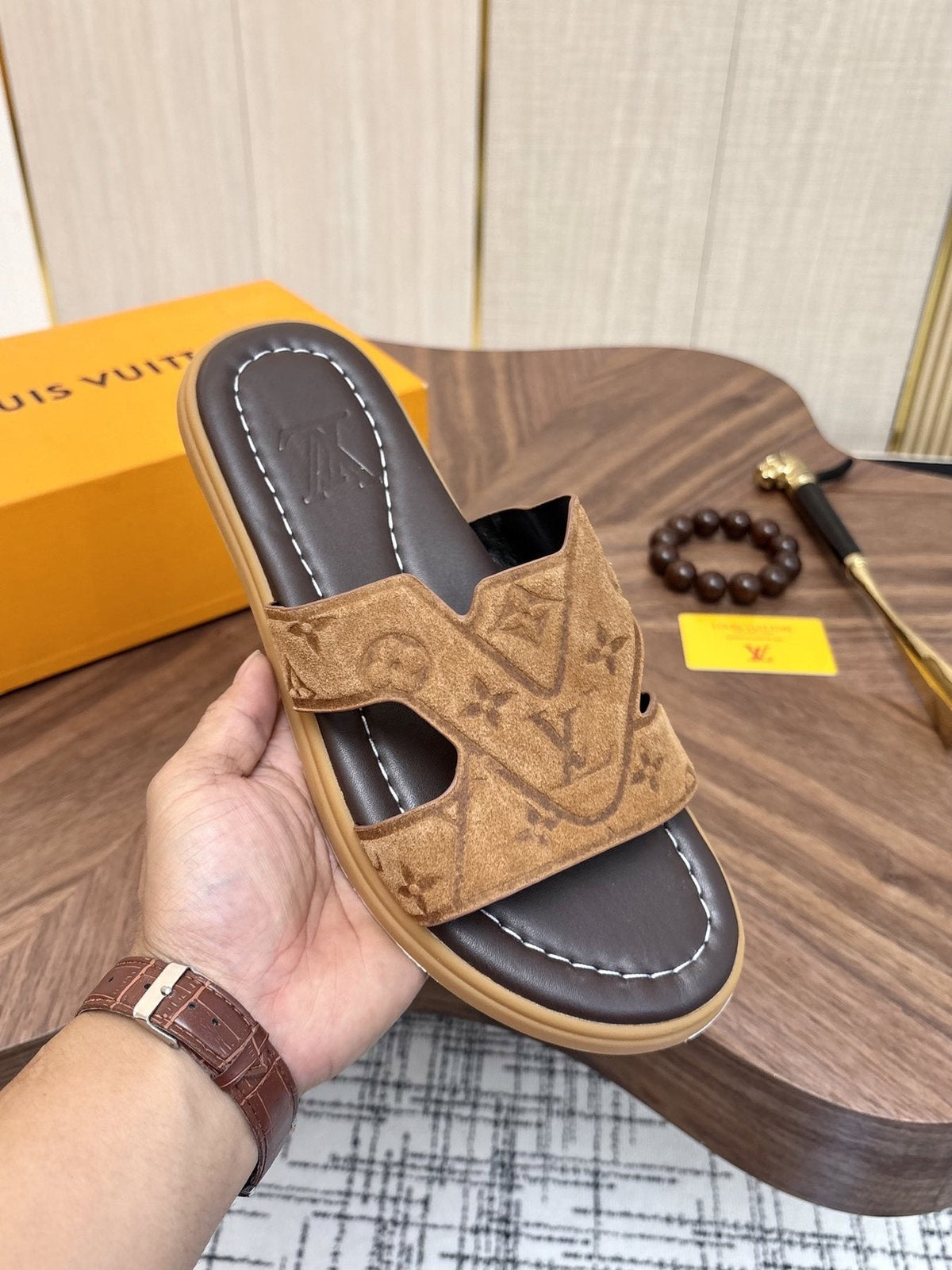 Louis Vuitton Monogram Slide Sandals — model