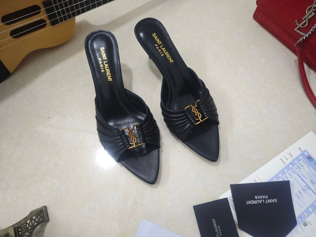 Saint Laurent Ruched Logo Mule Heels — front