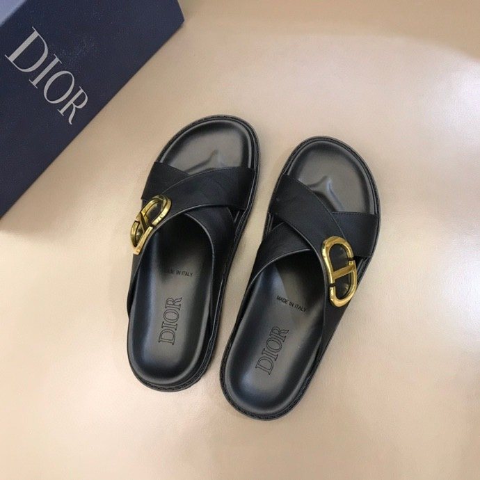 Dior Black Gold-Hardware Slide Sandals — front