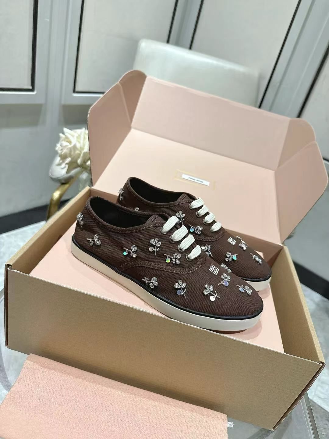 Miu Miu Floral Rhinestone Canvas Sneakers — side