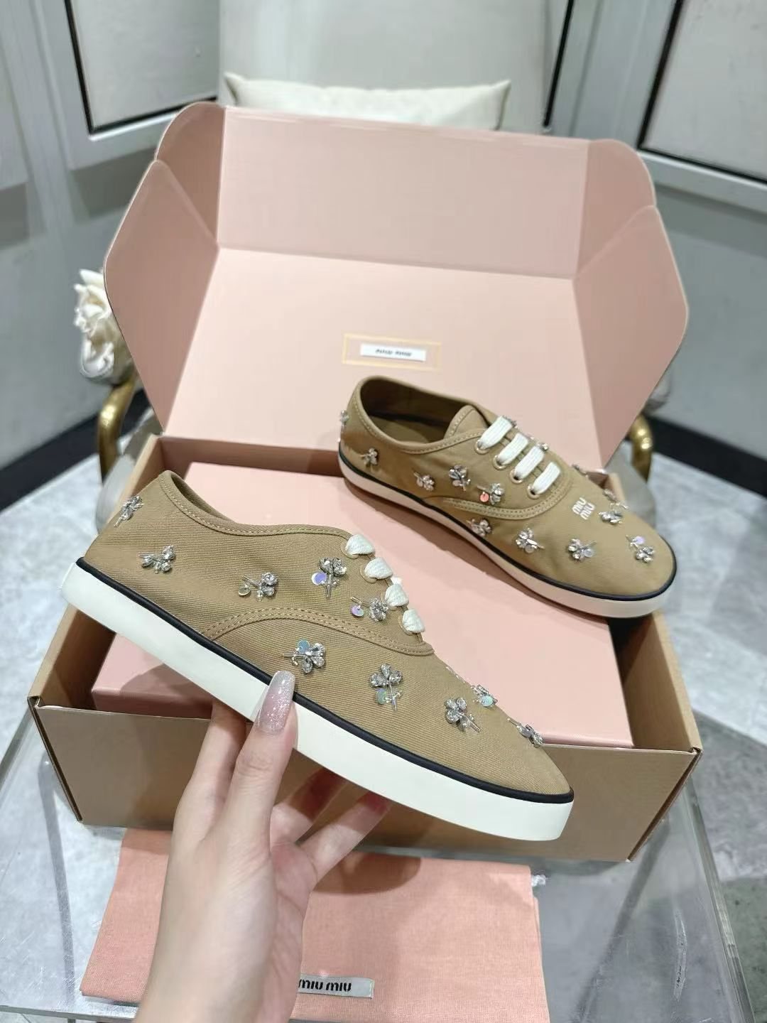 Miu Miu Floral Rhinestone Canvas Sneakers — model