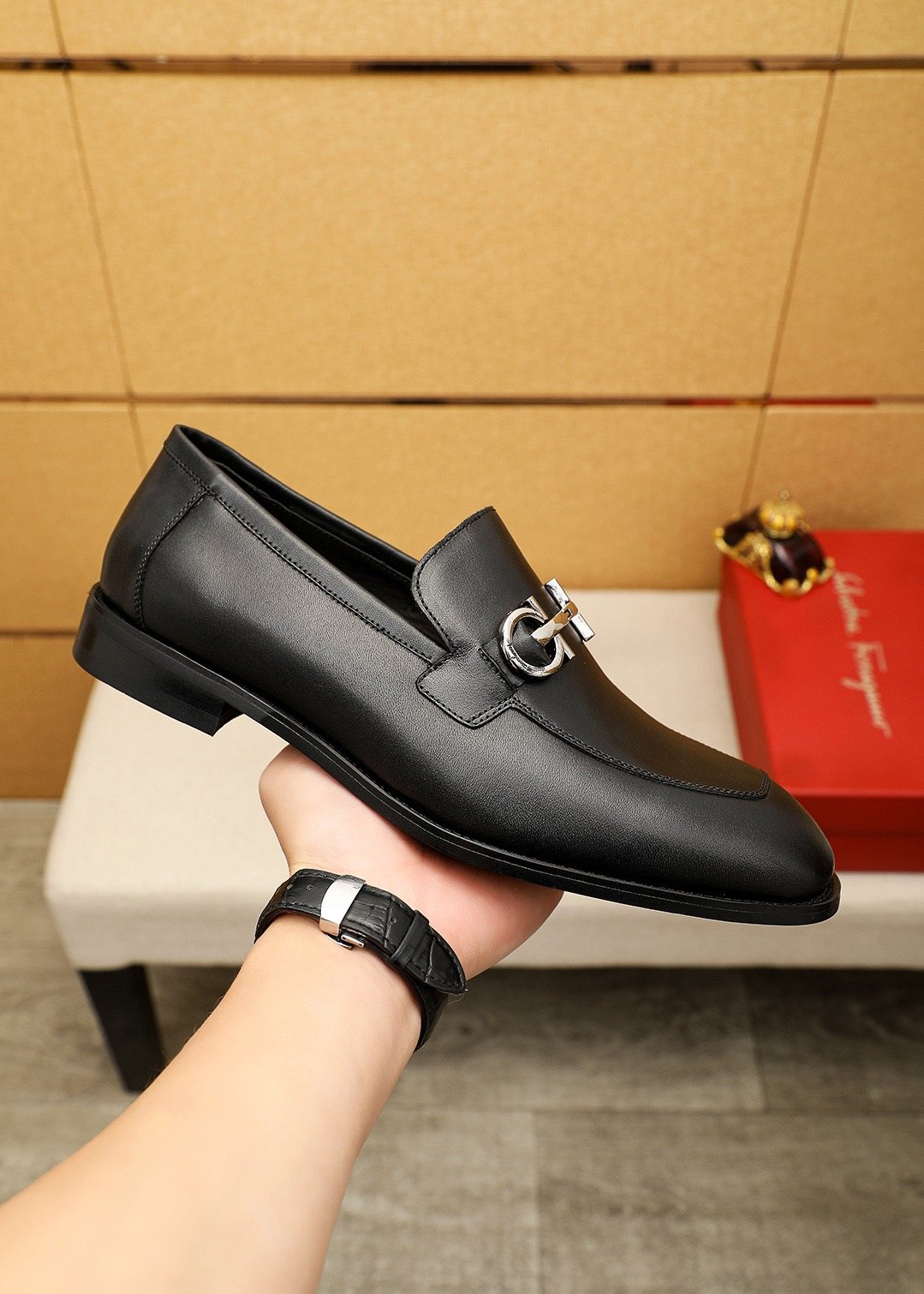 Ferragamo Silver-Tone Ornament Loafers — model