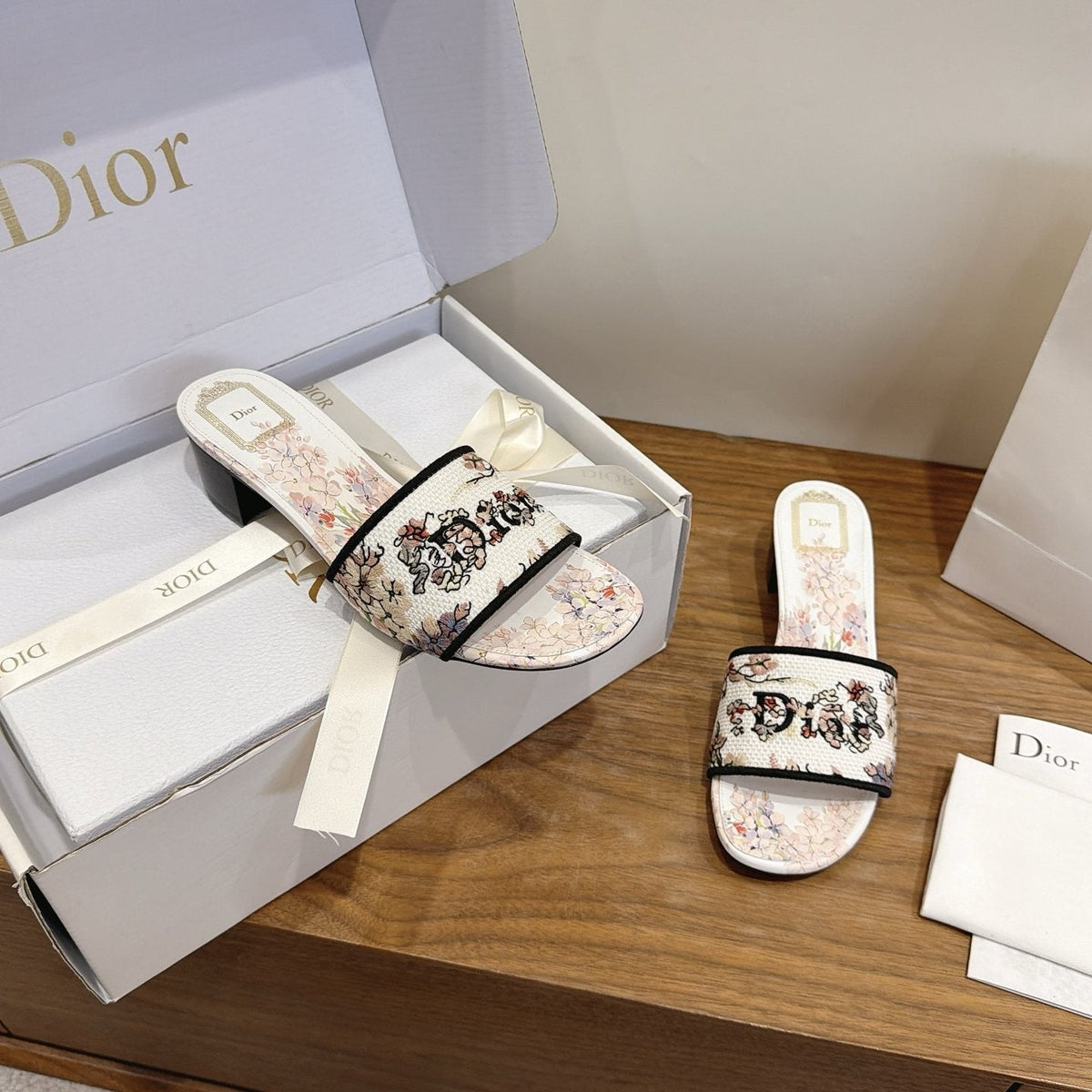 Dior Floral Embroidered Block-Heel Slide Sandals — side