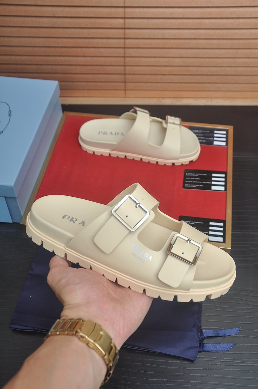 Prada Double-Buckle Slide Sandals — model