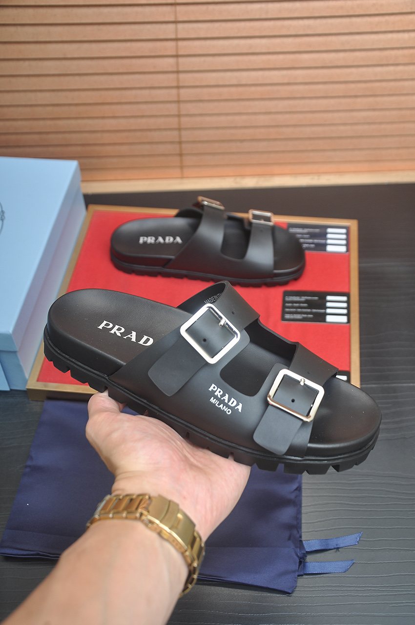 Prada Double-Buckle Slide Sandals — model