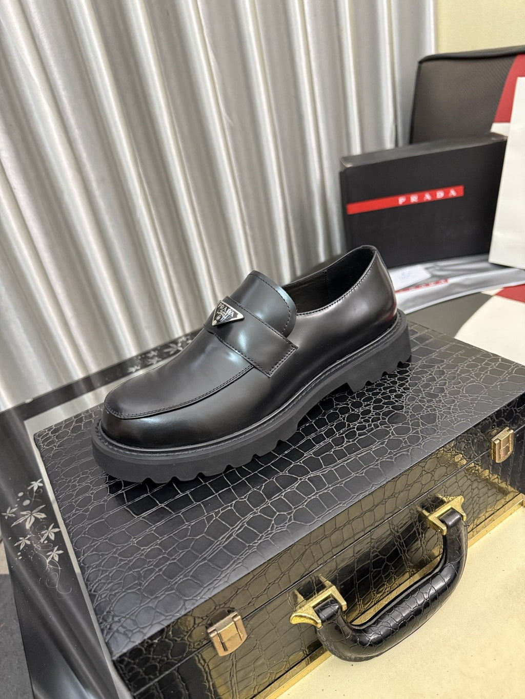 Prada Black Plaque Strap Loafers — front