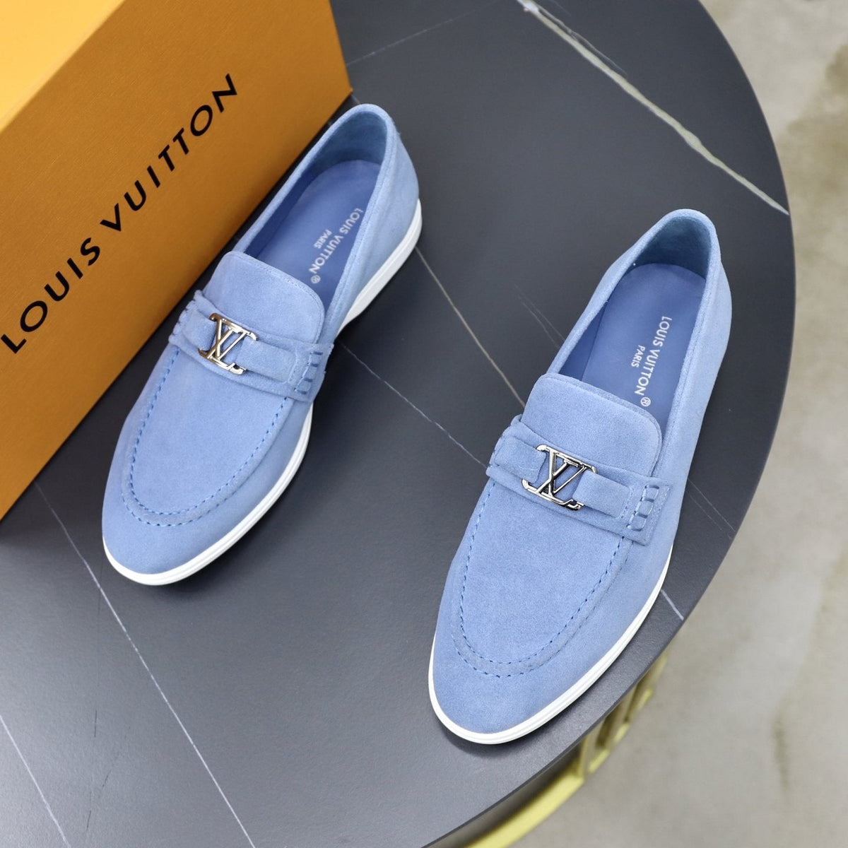 Louis Vuitton Suede-Like Metal Hardware Loafers — front