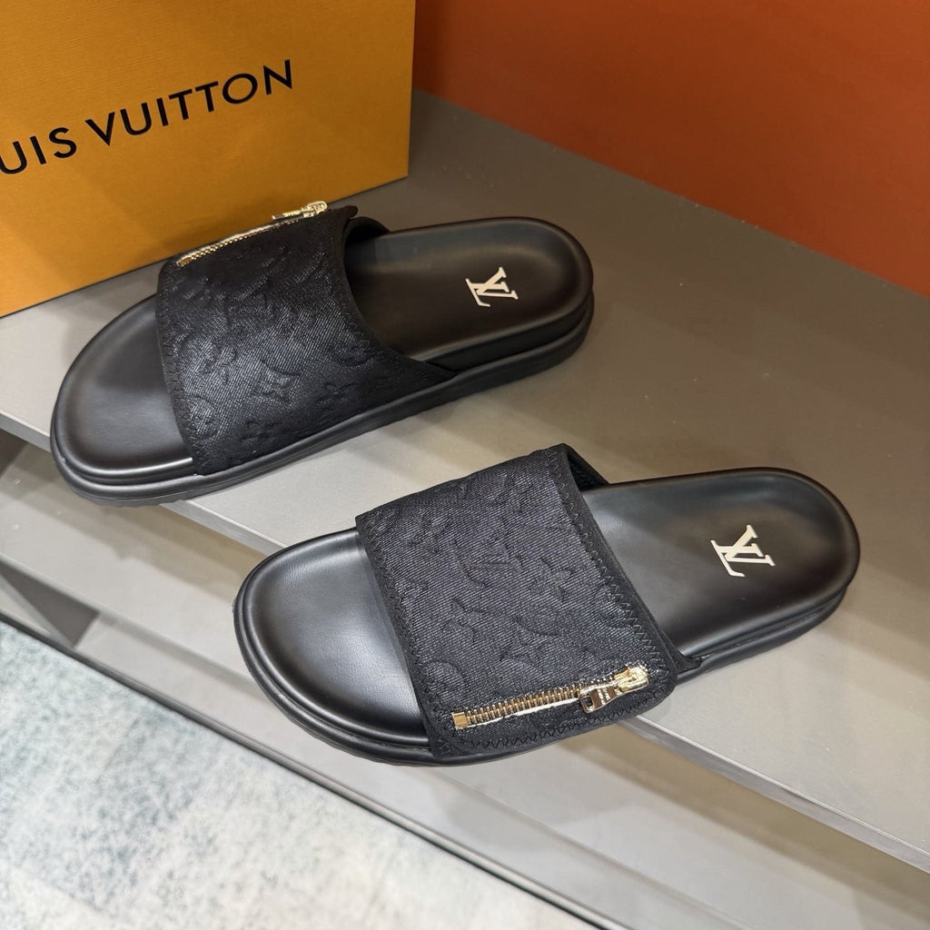 Louis Vuitton Embossed Zip Slide Sandals — front