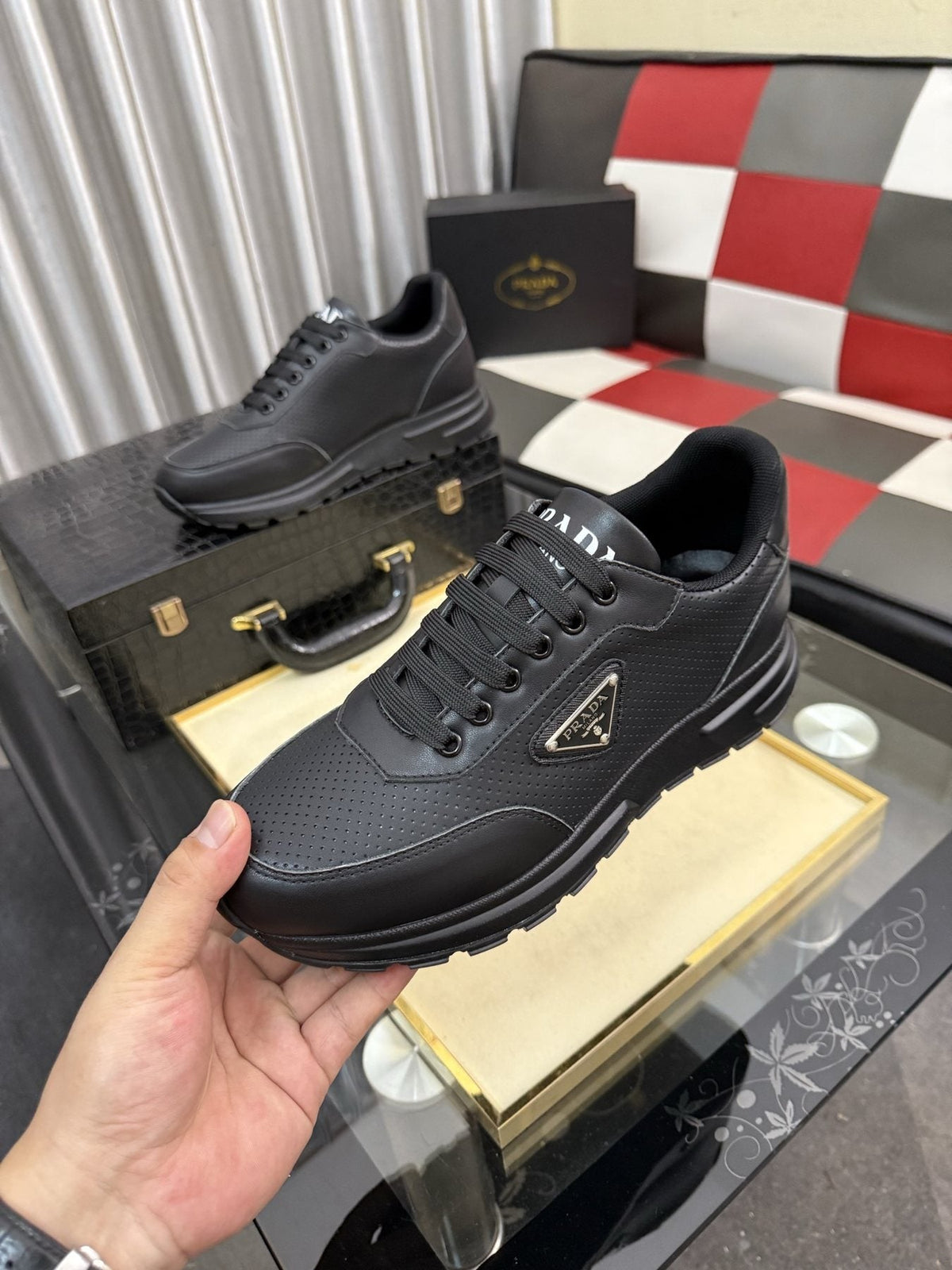 Prada Triangle Plaque Lace-Up Sneakers — side