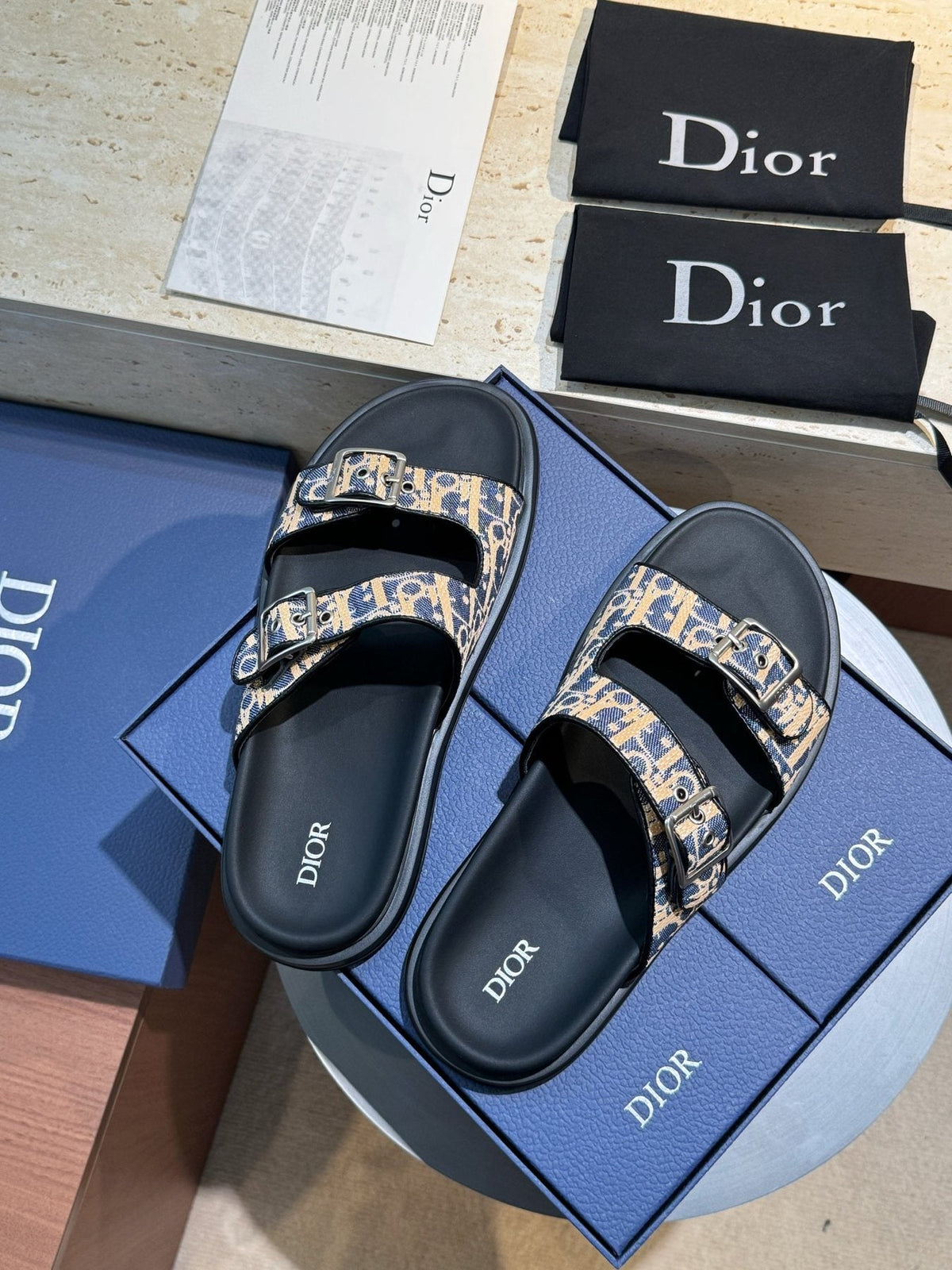 Dior Aqua Buckle Slide Sandals — front