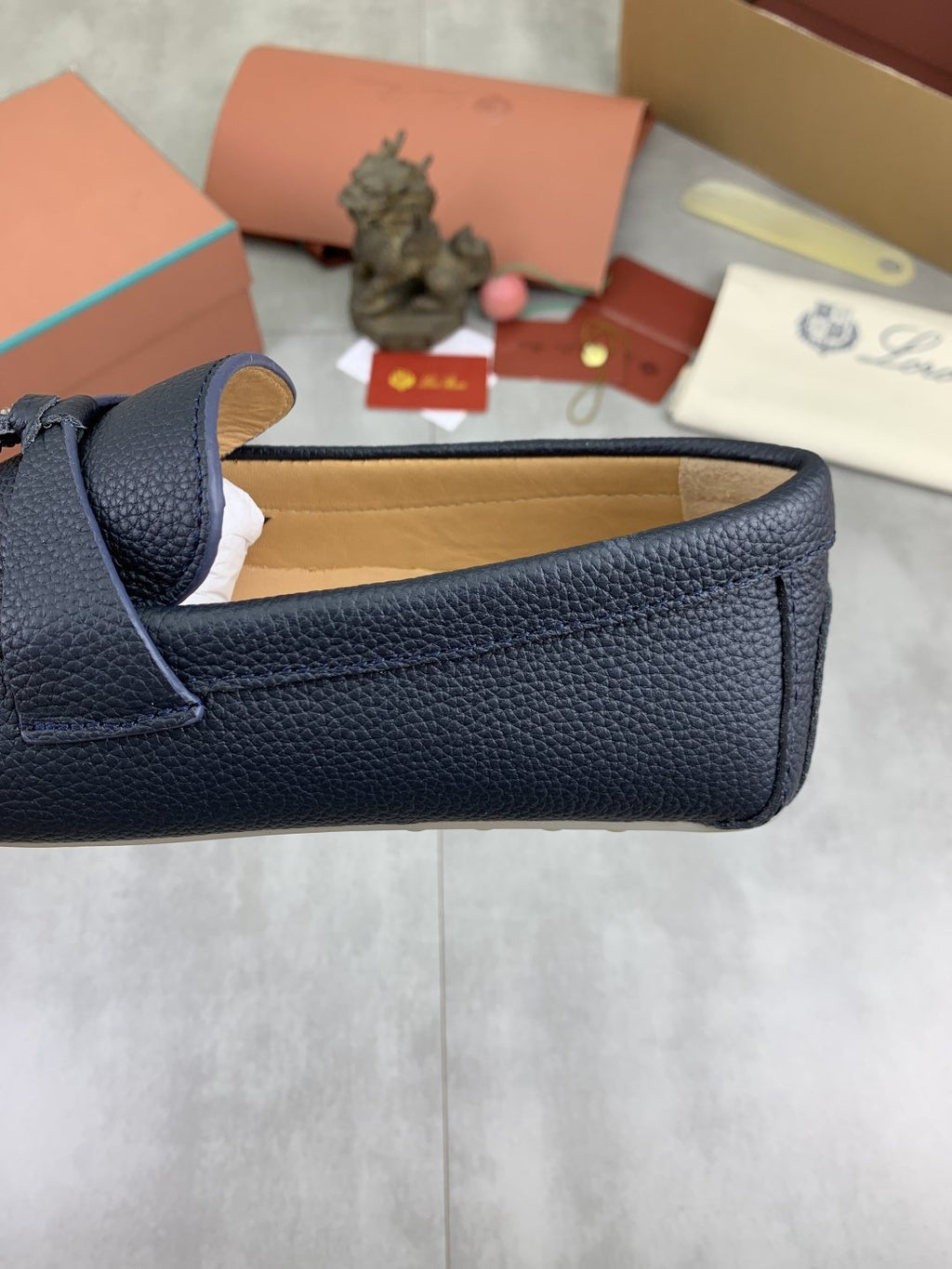 Loro Piana Dark Navy Blue Moc-Toe Loafers — detail