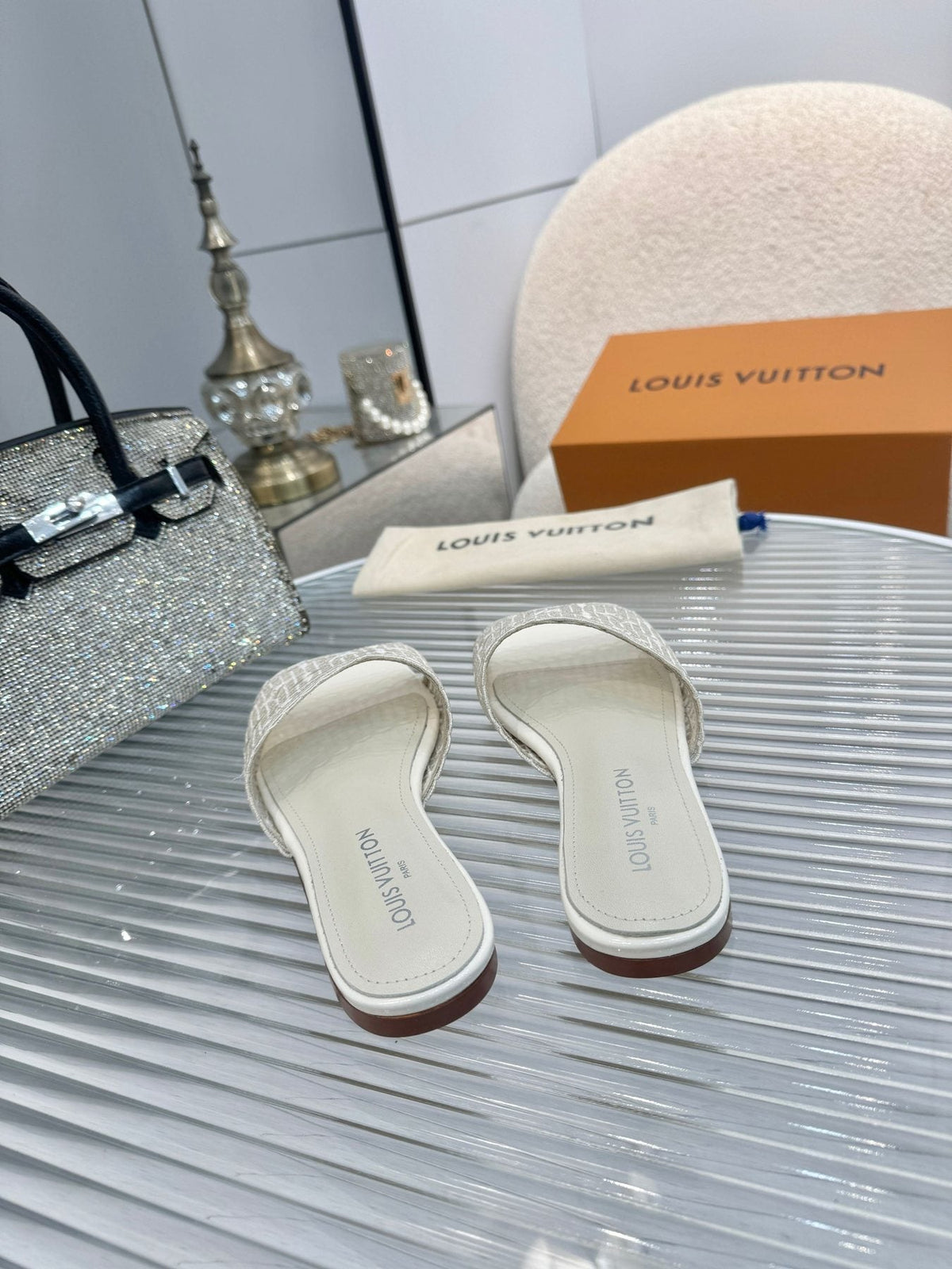 Louis Vuitton Woven Open-Toe Slide Sandals — back
