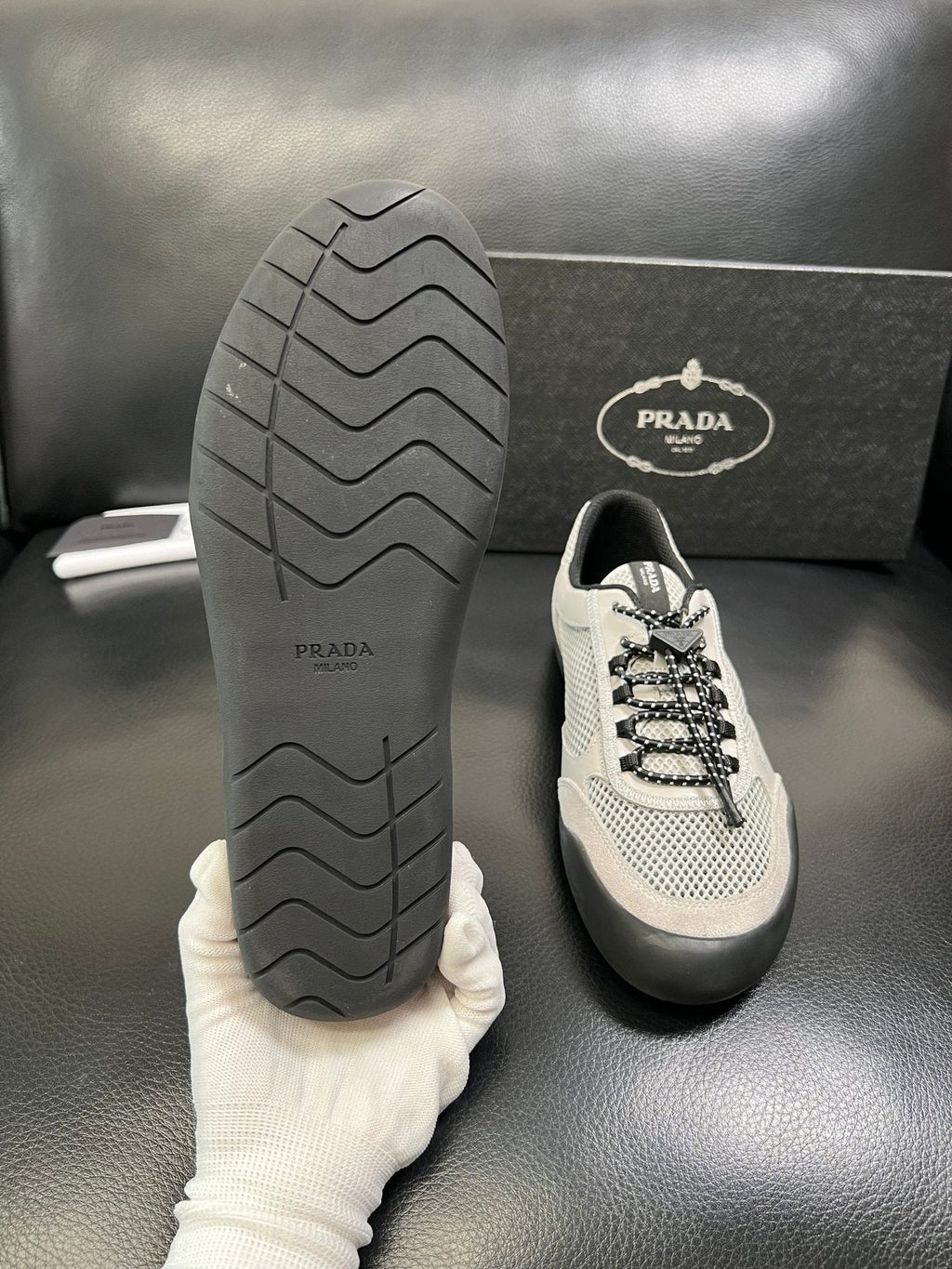 Prada White, Gray & Black Low-Top Sneakers — detail